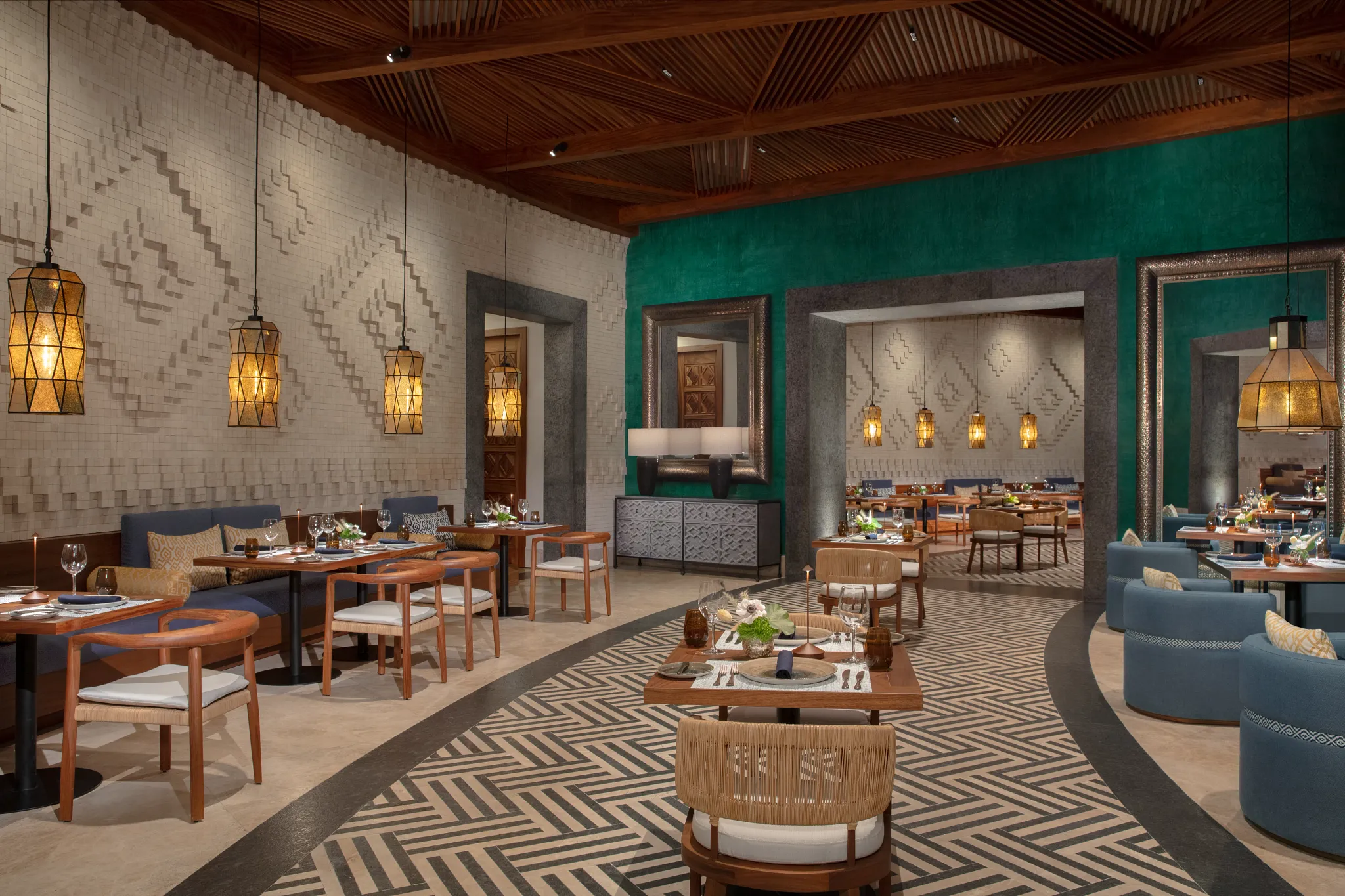 El Patio Mexican restaurant at Secrets Playa Blanca Costa Mujeres featuring vibrant décor, traditional dishes, and an extensive tequila and mezcal selection.