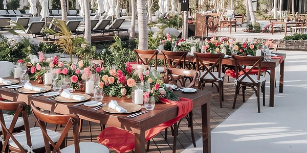 Infinity Pool Terrace reception setup with floral décor at Secrets Playa Blanca Costa Mujeres