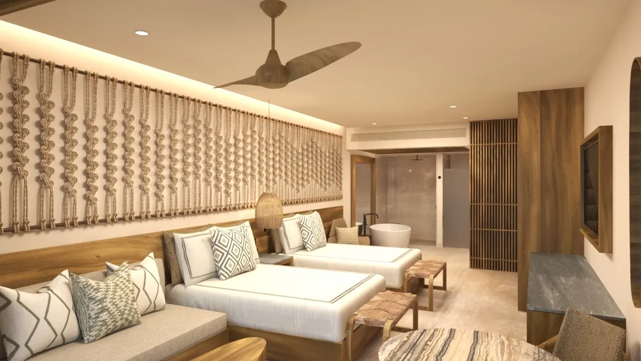 Preferred Club Junior Suite Tropical View with two double beds and contemporary décor at Secrets Playa Blanca Costa Mujeres.