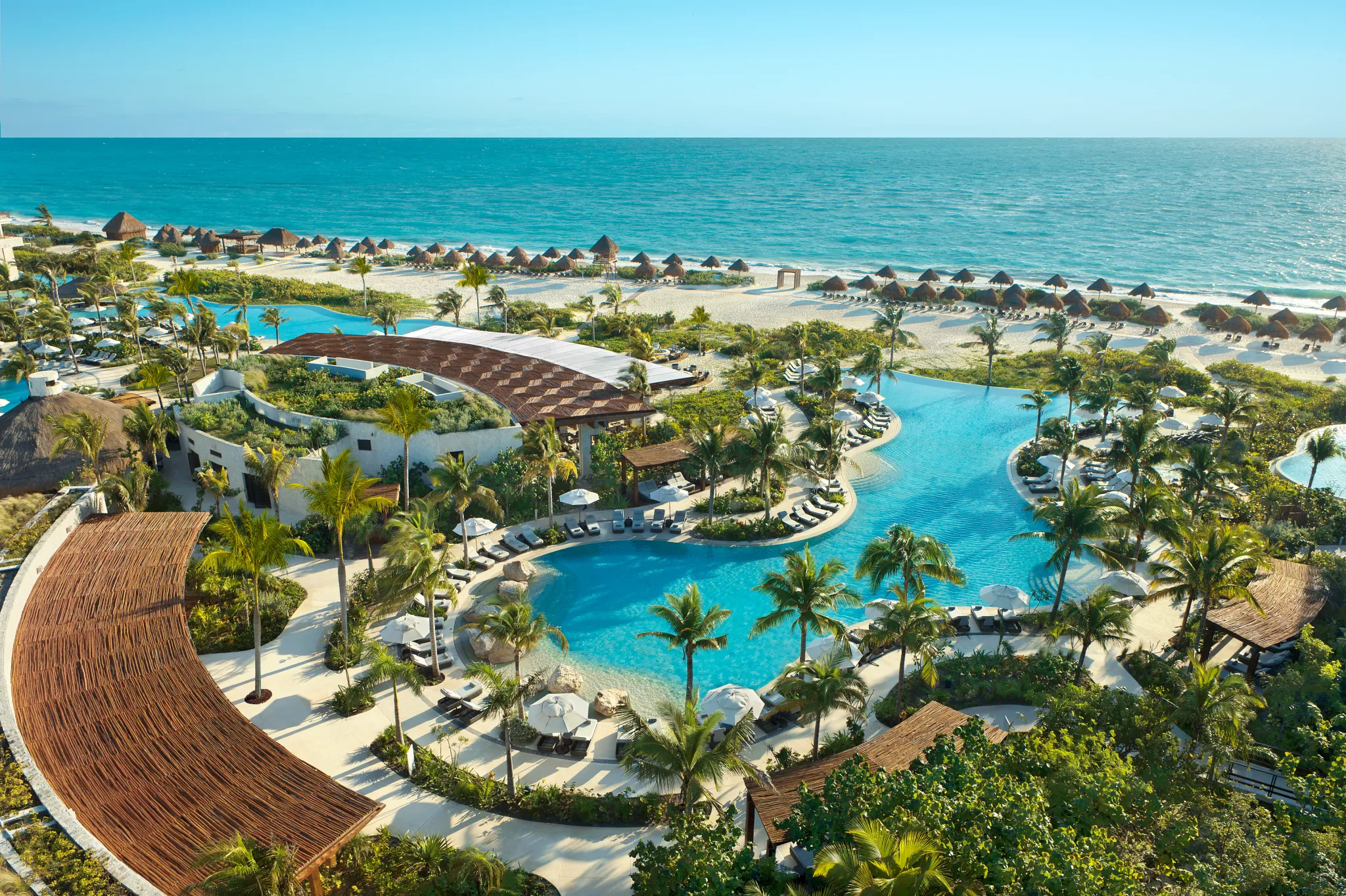 Elevated view of Preferred Club pool area with palm trees and ocean views at Secrets Playa Blanca Costa Mujeres.