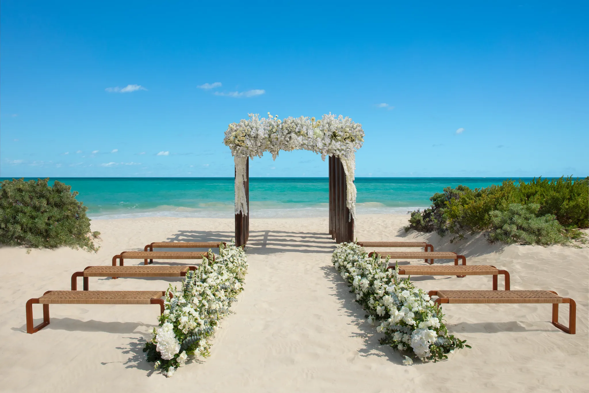 Beach wedding gazebo ceremony setup at Secrets Playa Blanca Costa Mujeres